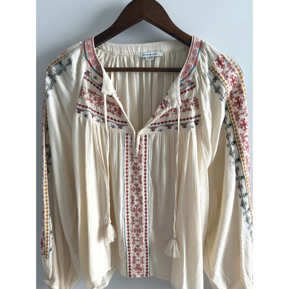American Eagle Embroidered Large Peasant Blouse Boho Tassel Balloon Sleeve Top - Picture 4 of 12